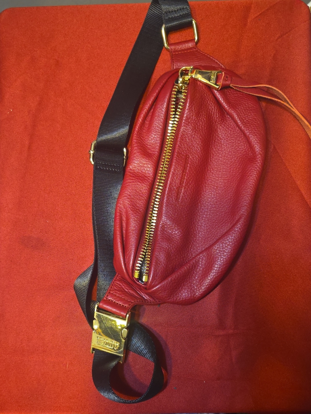 Aimee Kestenberg Red Leather Crossbody Belt Bag with Gold Hardware